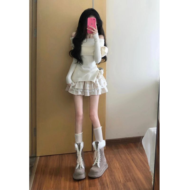 純欲風辣妹一字肩蝴蝶結修身毛衣針織衫女+高腰蛋糕半身裙兩件套