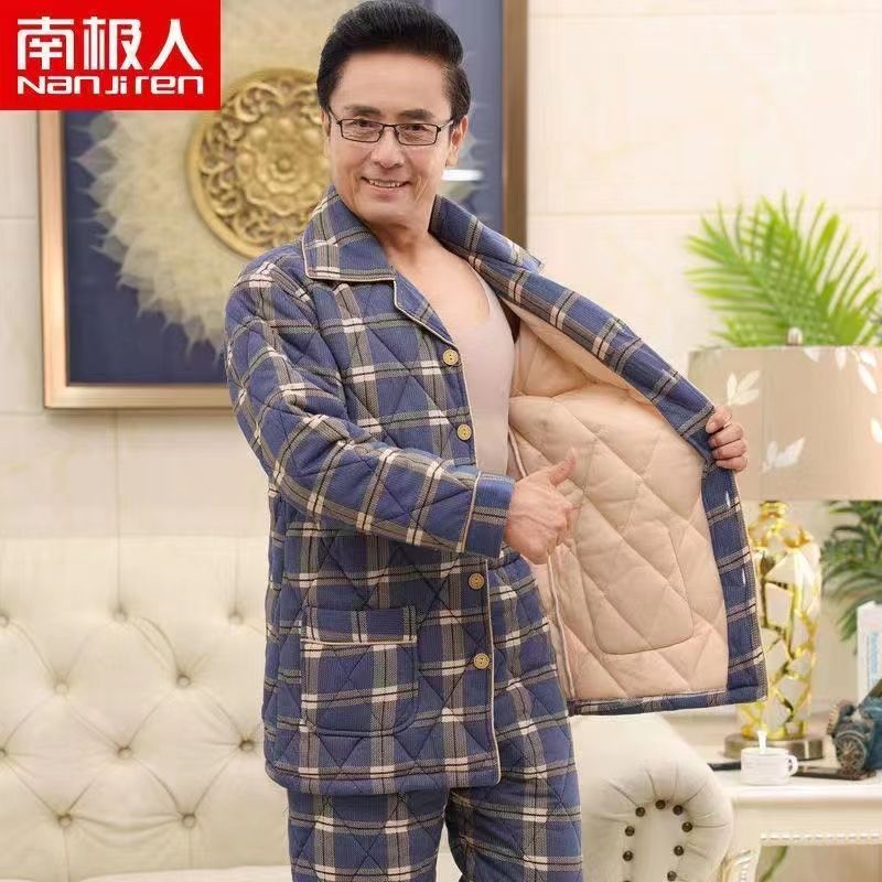 冬外穿三層夾棉100%純棉睡衣男加厚寬鬆大碼中老年保暖家居服套裝
