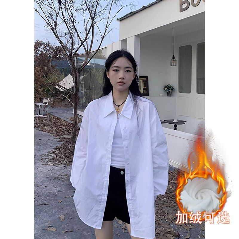 韓版白色長袖襯衫女polo領加絨加厚內搭襯衣冬裝新款打底上衣外套