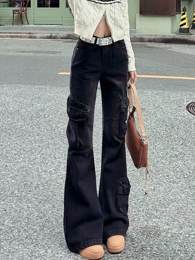黑色微喇叭工裝牛仔褲女秋冬新款高腰修身馬蹄褲顯瘦拖地長褲子潮