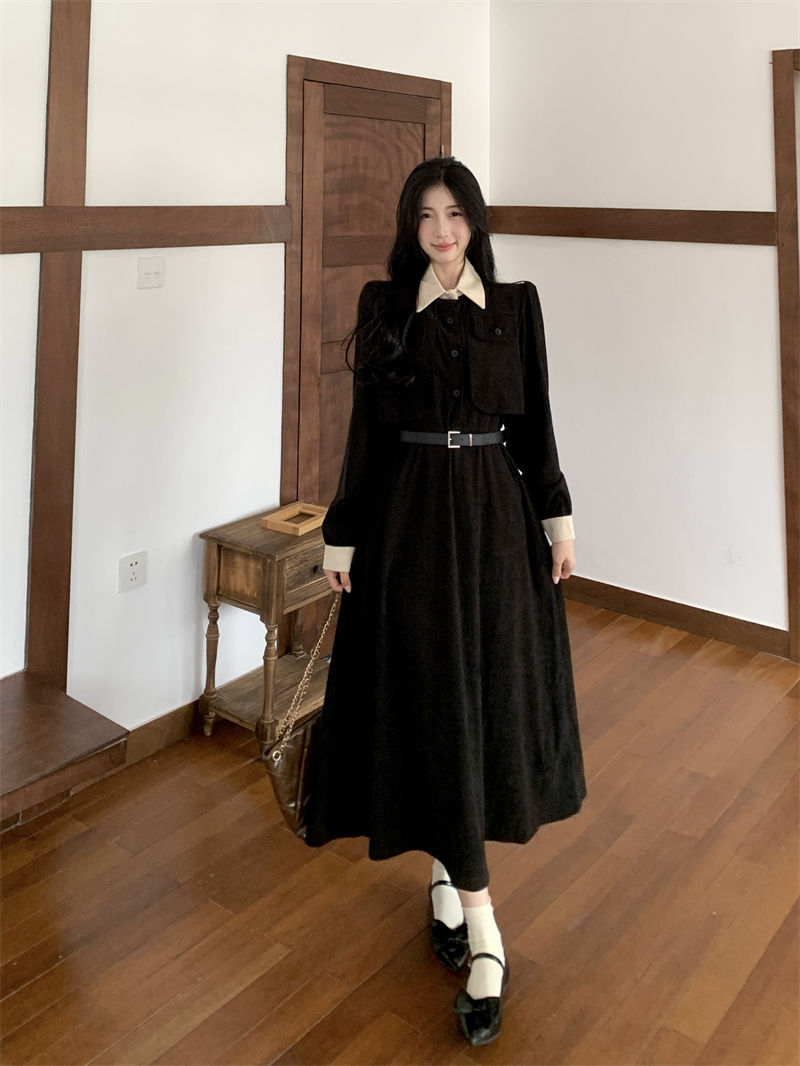 大碼胖MM假兩件燈芯絨連衣裙秋冬季2023新款女裝法式復古小眾裙子