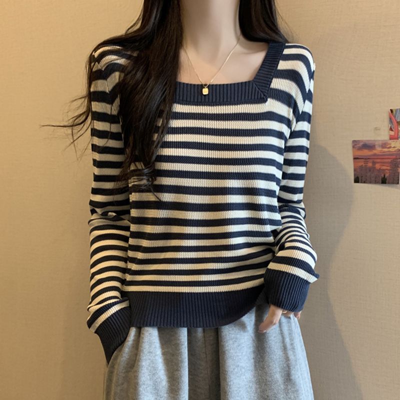 大碼女裝條紋針織衫女長袖秋冬新款胖mm遮肉毛衣打底衫方口領上衣