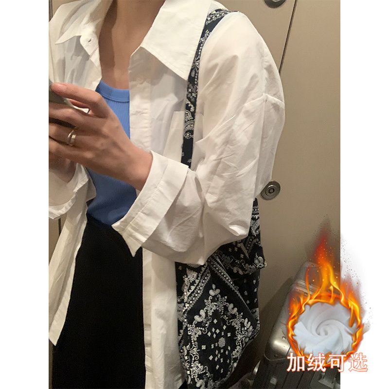 慵懶風白色襯衫女加絨加厚襯衣秋冬新款長袖簡約寬鬆顯瘦上衣外套