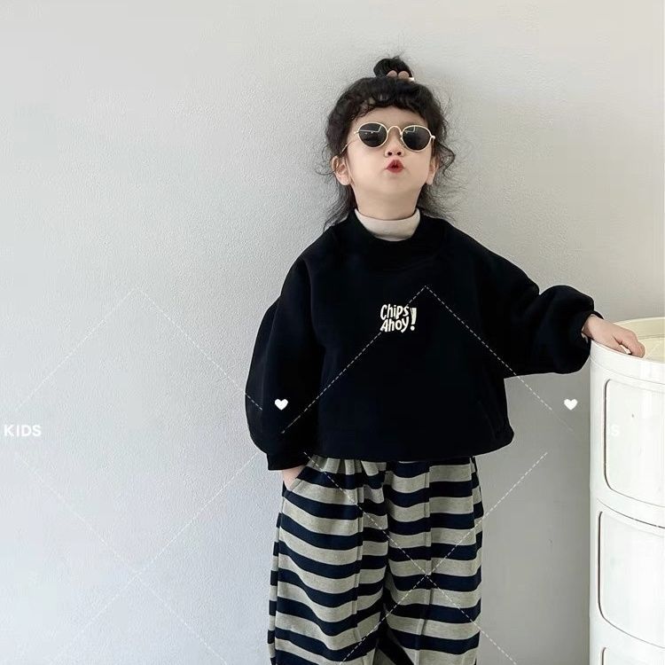 儿童加绒加厚套装2023秋冬新款韩版时尚男女童卫衣卫裤条纹两件套