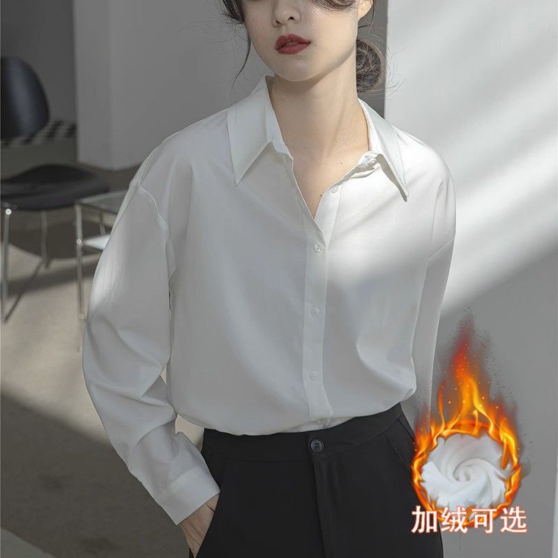 韓版白色長袖襯衫女加絨加厚內搭打底襯衣秋冬款寬鬆通勤氣質上衣