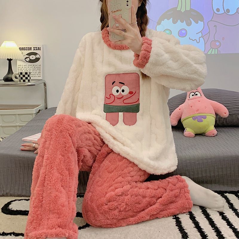 卡通套頭冬季新款睡衣女法蘭絨長袖長褲可愛卡通加厚家居服套裝