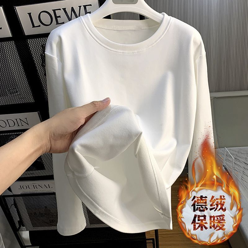 加厚雙面德絨圓領白色打底衫女加絨秋冬磨毛內搭純色寬鬆長袖T恤
