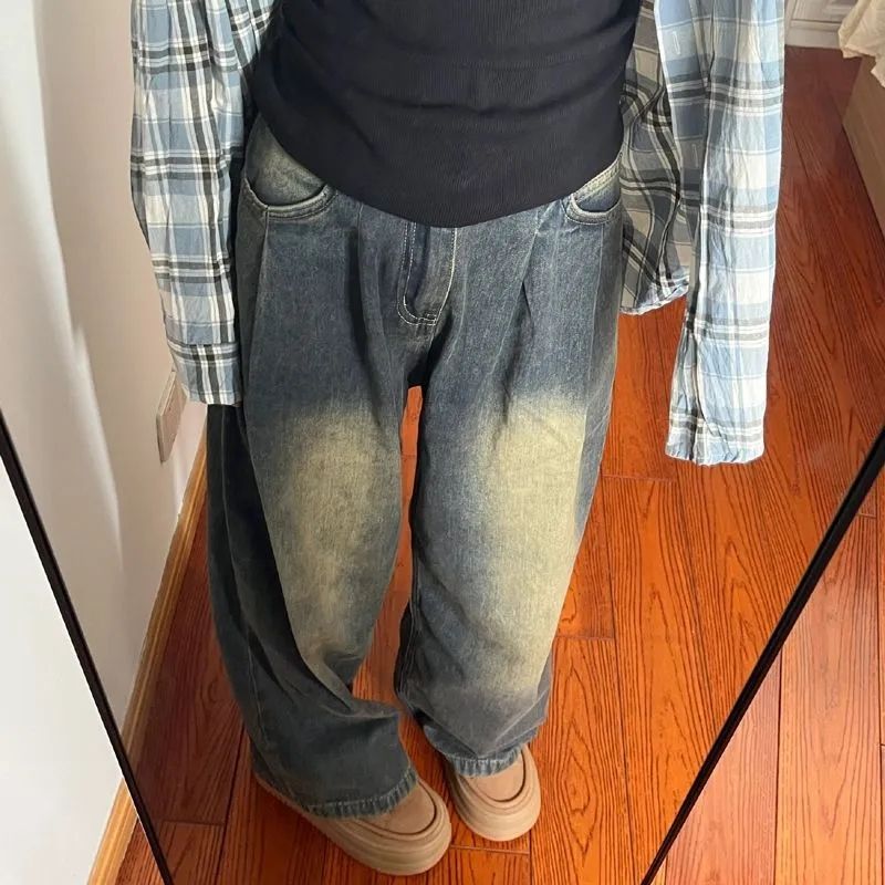 美式復古褶彼做舊闊腿牛仔褲女秋季小個子高腰顯瘦垂感拖地長褲潮