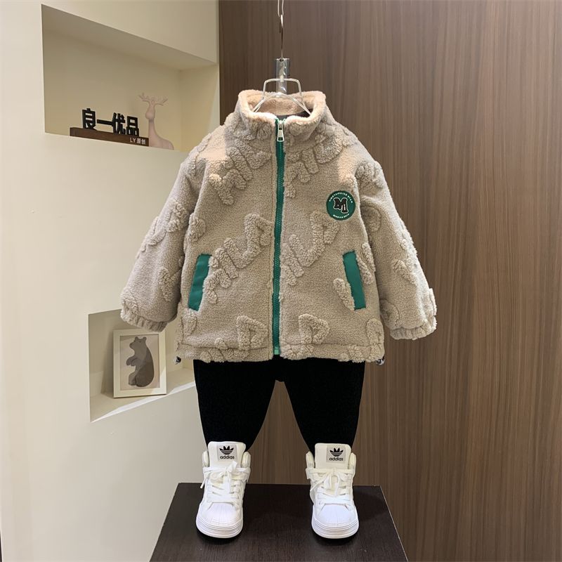 兒童羊羔絨外套男童秋冬款2023新款炸街寶寶冬裝棉服加厚毛毛衣潮