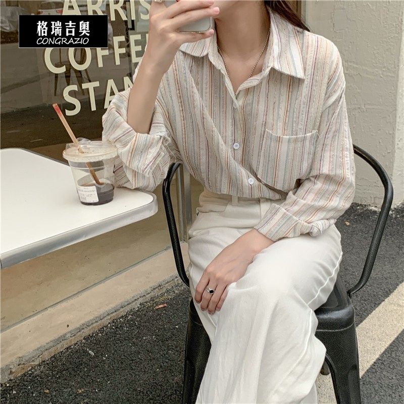 CONGRAZIO/格瑞吉奧韓系襯衫慵懶設計感寬鬆細條紋純棉長袖上衣女