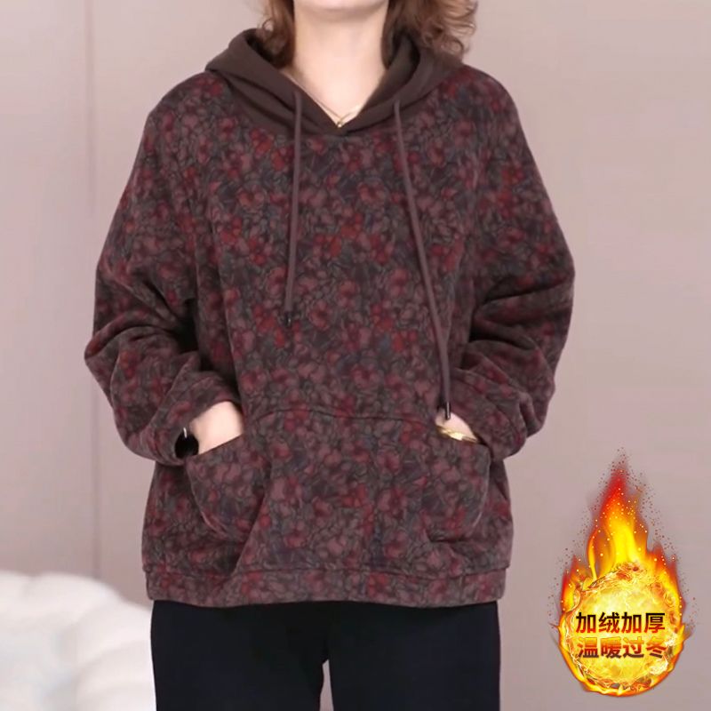 高質量復古碎花媽媽加絨加厚衛衣大碼遮肉保暖外穿內搭上衣2023冬