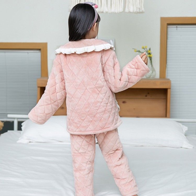 儿童三层加厚夹棉睡衣冬款加绒法兰绒套装女童珊瑚绒小女孩家居服