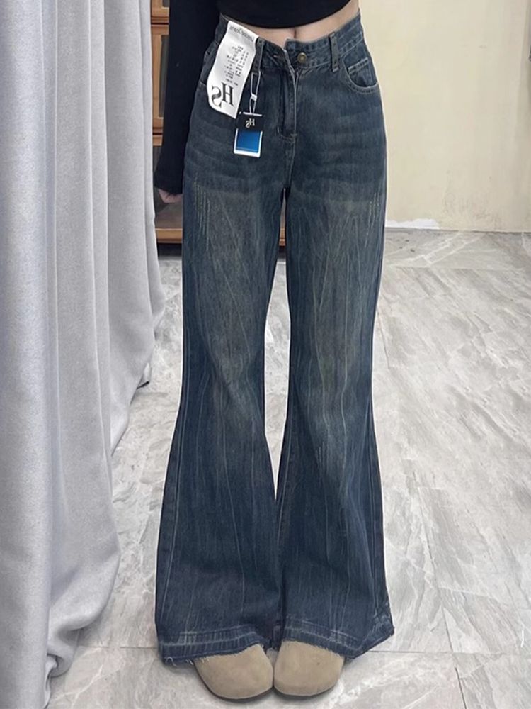 美式不貼腿微喇叭牛仔褲女冬季新款高腰闊腿顯瘦百搭直筒拖地褲子