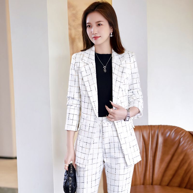 職業套裝女春秋白色格子名媛小香風時尚氣質西裝高端總裁西服正裝