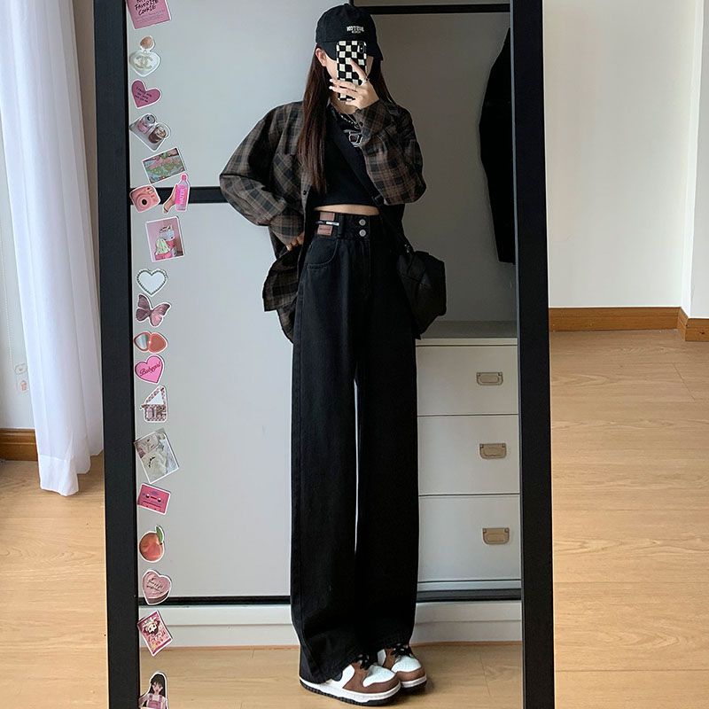 超高腰窄版直筒牛仔褲女寬鬆垂感百搭顯瘦拖地褲2023新款遮肚微胖