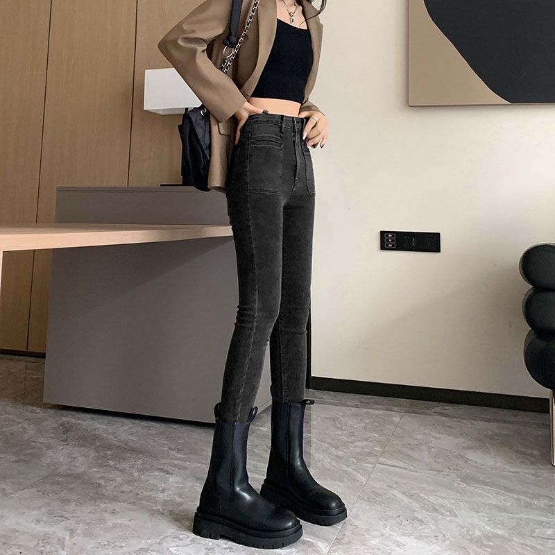 黑灰緊身小腳顯瘦鉛筆褲高腰牛仔褲女2023年新款修身潮流時尚紐扣
