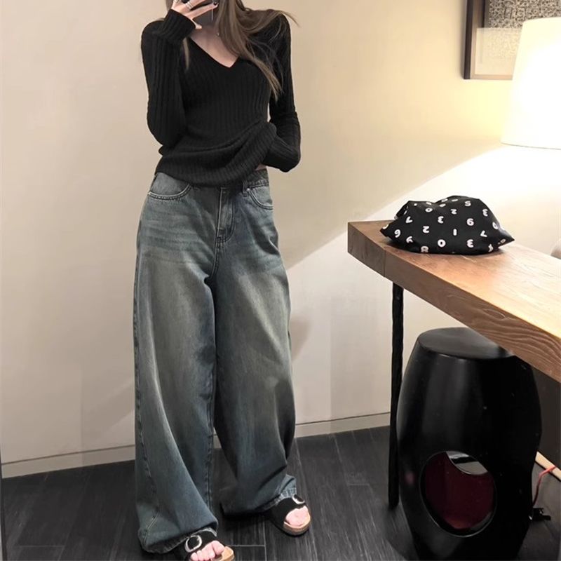 復古闊腿牛仔褲女秋冬新款垮感高腰寬鬆顯瘦梨形身材垂感拖地長褲