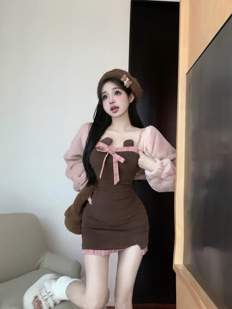 撞色蝴蝶結吊帶連衣裙子包臀短裙女秋冬季純欲套裝長袖披肩兩件套