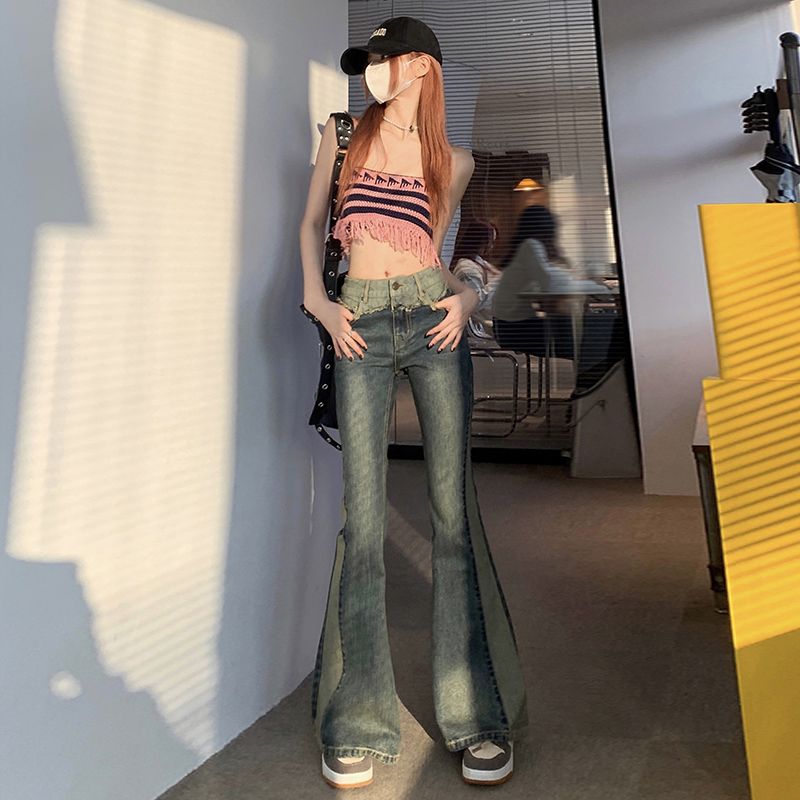 高腰撞色微喇褲2023春季美式復古做舊拼接牛仔褲vibe拖地長褲子女