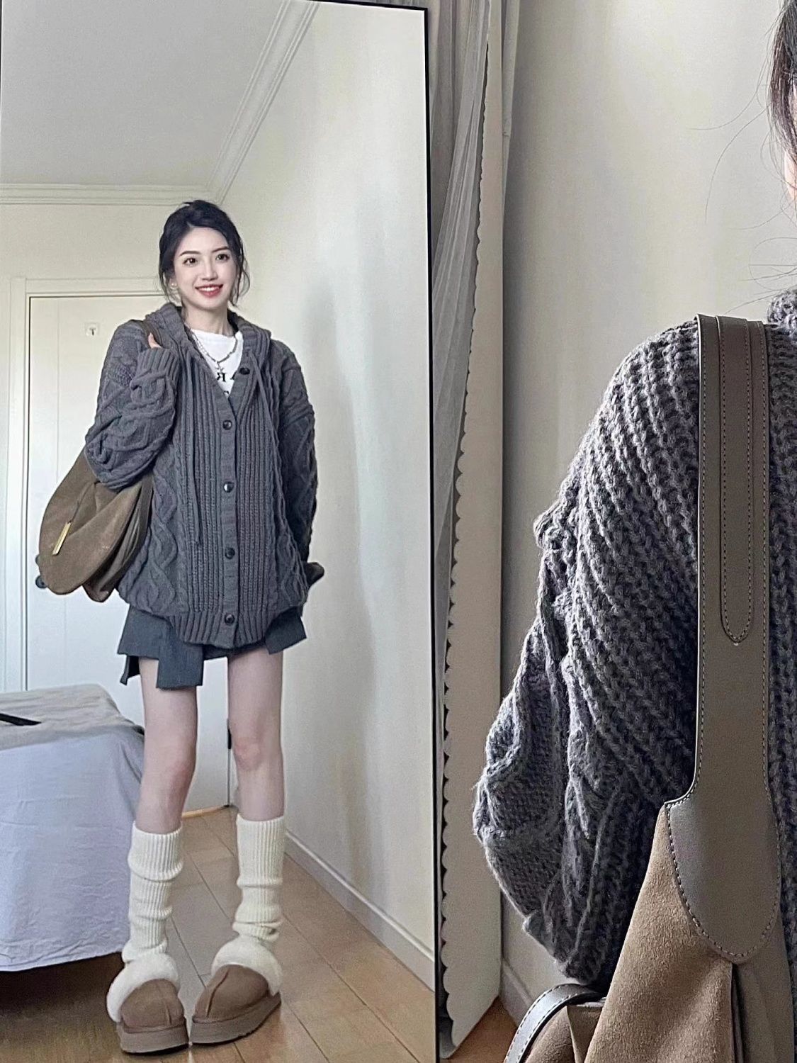 XJ家灰色麻花連帽毛衣外套女秋冬季高級感慵懶風加厚針織開衫上衣