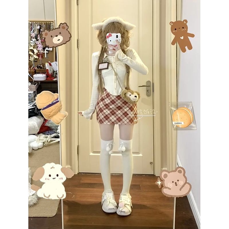 少女禁區 秋裝搭配一整套時尚奶杏上衣格紋半身短裙2023兩件套裝