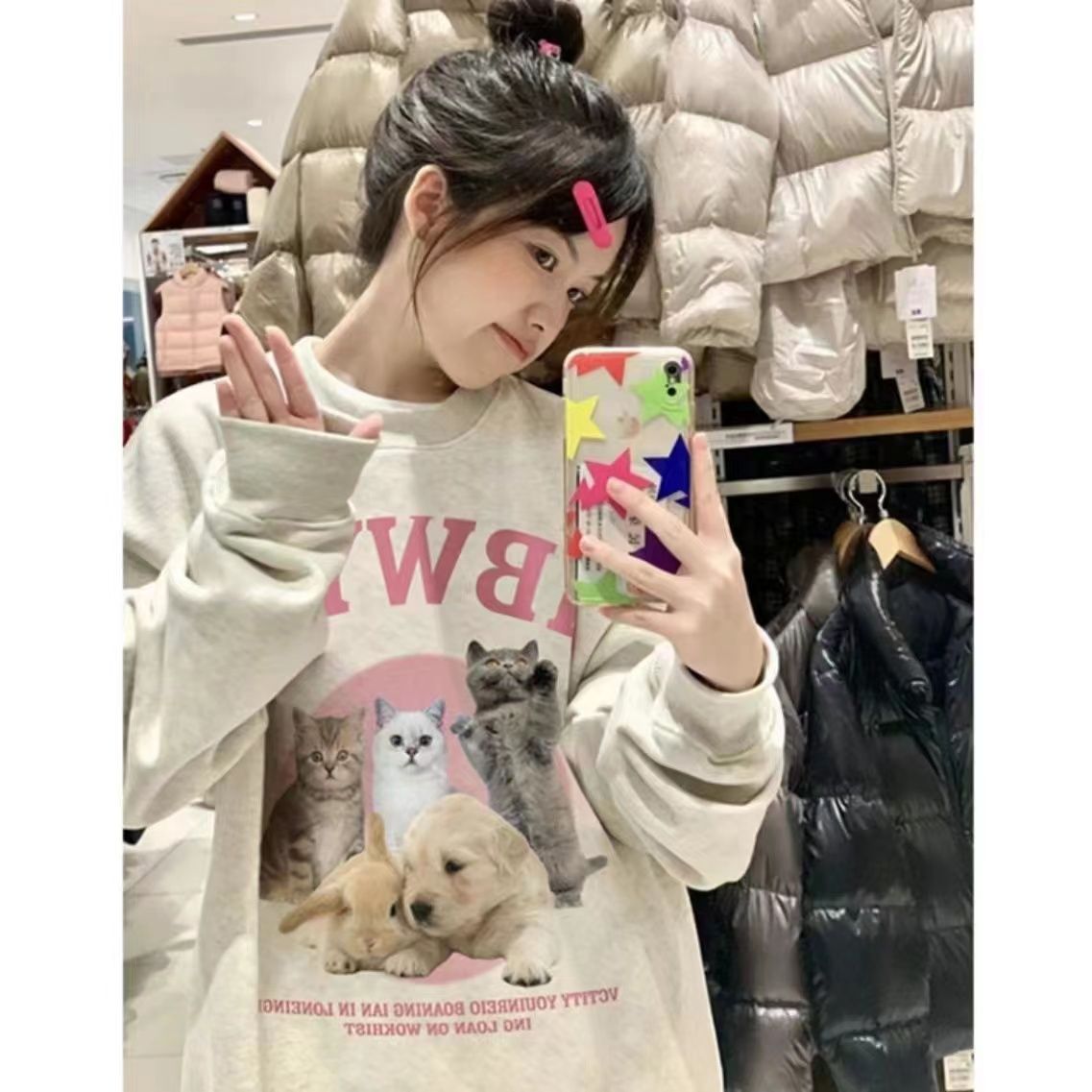 白灰色小個子潮牌薄款衛衣女春秋冬季加絨圓領無帽上衣中長款外套
