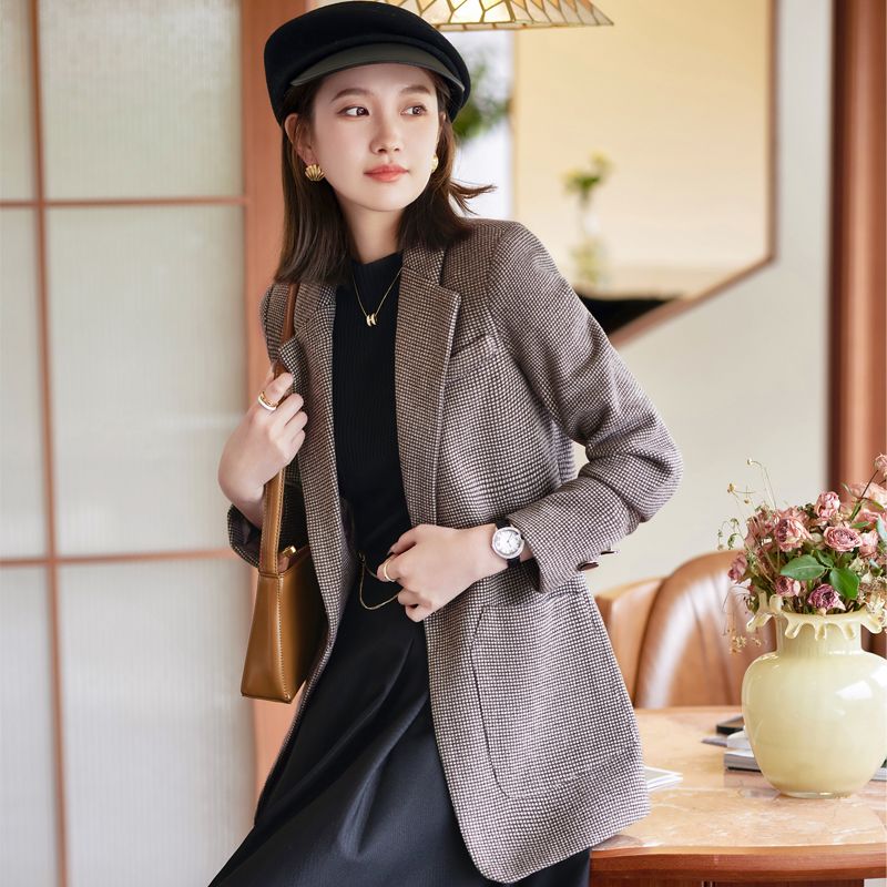 毛呢格子西裝外套女2023秋冬新款收腰顯瘦休閒氣質時尚小西服上衣
