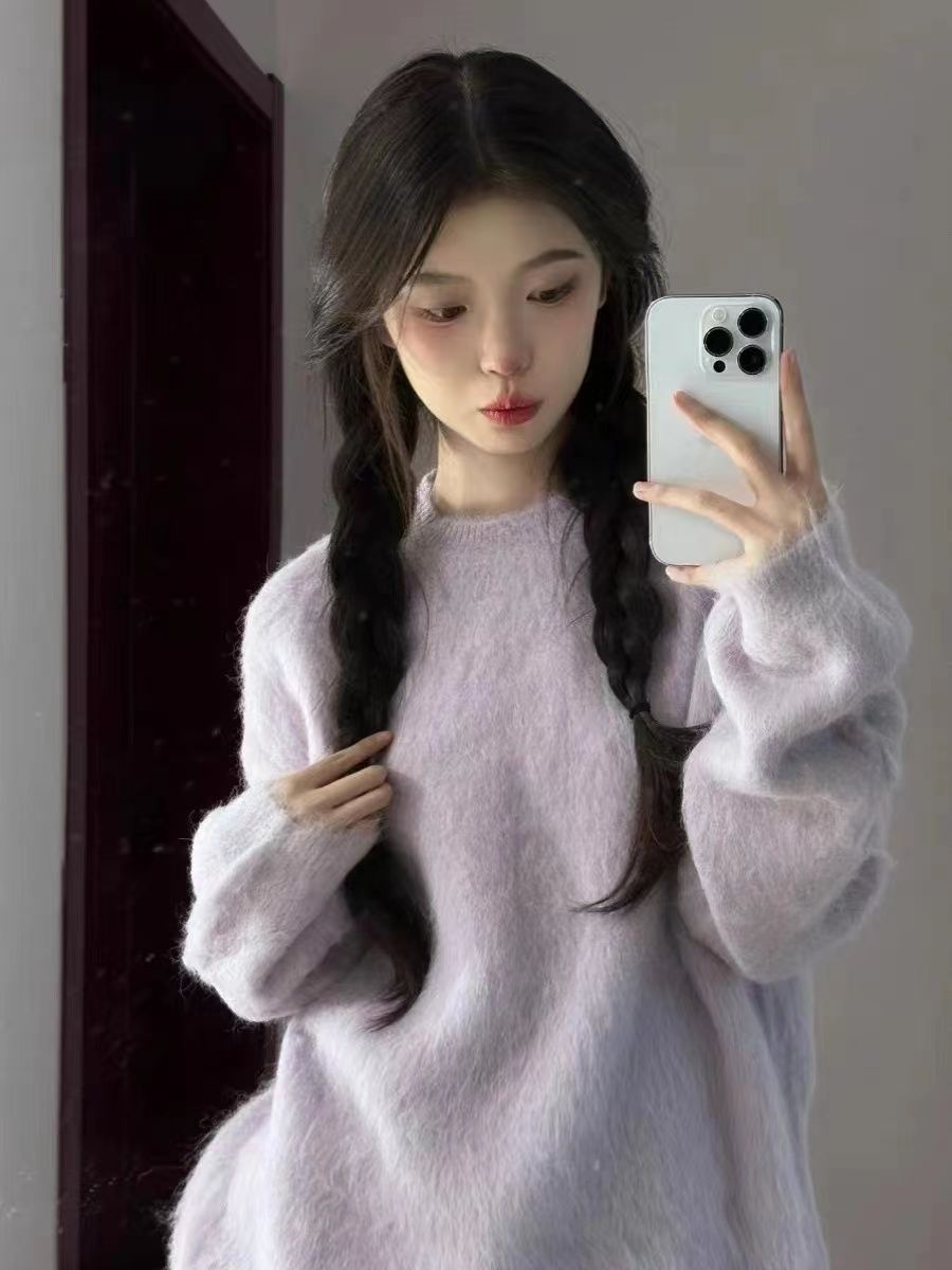 紫色軟糯溫柔風毛衣女秋冬新款韓系百搭顯瘦外穿套頭顯瘦針織上衣