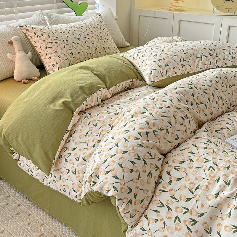 ins fresh floral washed cotton simple sheet set A four-piece quilt cover thickened student dormitory sheet three-piece set