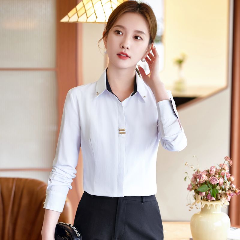 白色襯衫女春秋長袖面試正裝前台工作服上衣氣質通勤女裝職業襯衣