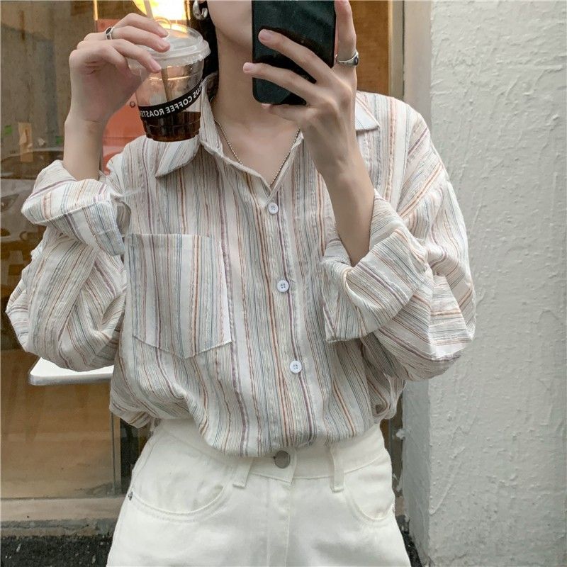 長袖襯衫女春秋慵懶風彩色細條紋襯衣設計感休閒韓系寬鬆純棉上衣
