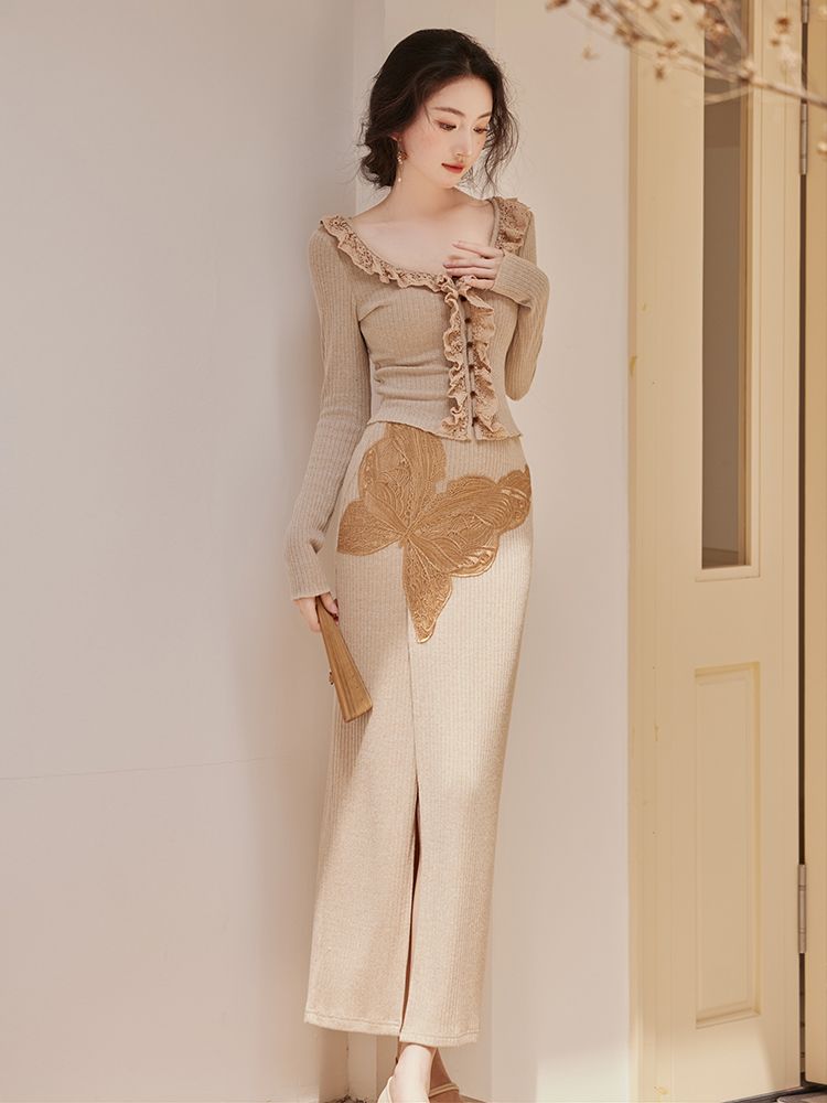 New Chinese style literary retro wheat bran knitted Maillard lace butterfly niche design elegant sexy commuting suit