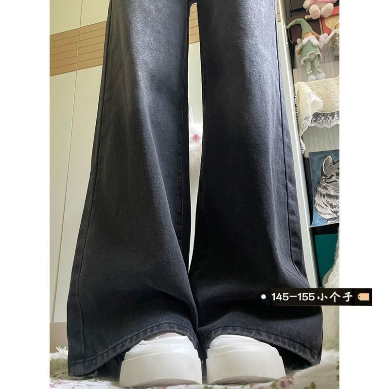秋季復古黑灰色闊腿牛仔褲女小個子直筒顯瘦寬鬆百搭垂感長褲子潮