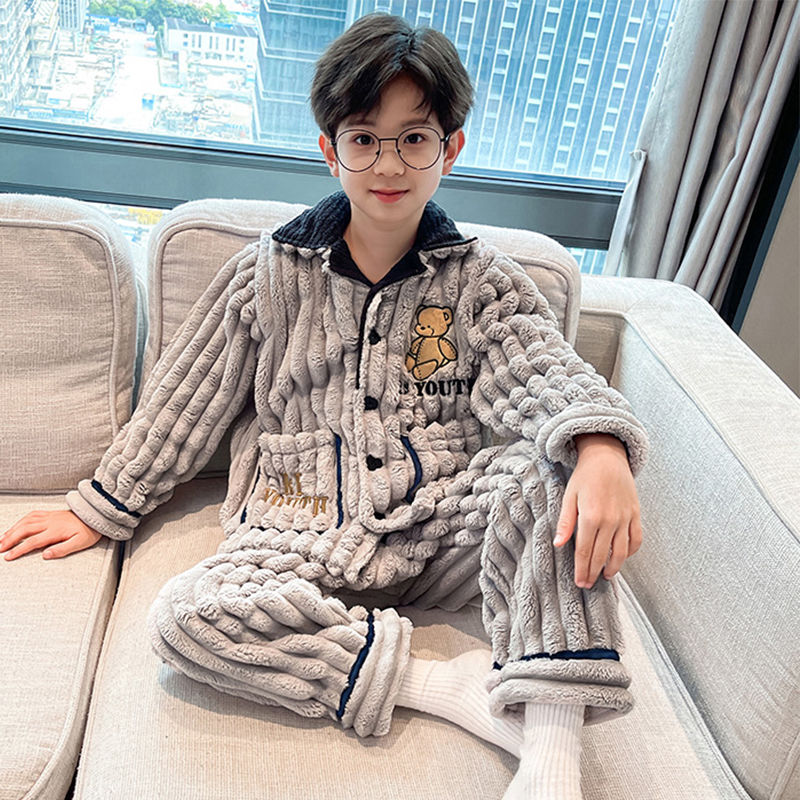 兒童睡衣男孩秋冬2023新款中大童法蘭絨家居服加厚男童珊瑚絨套裝