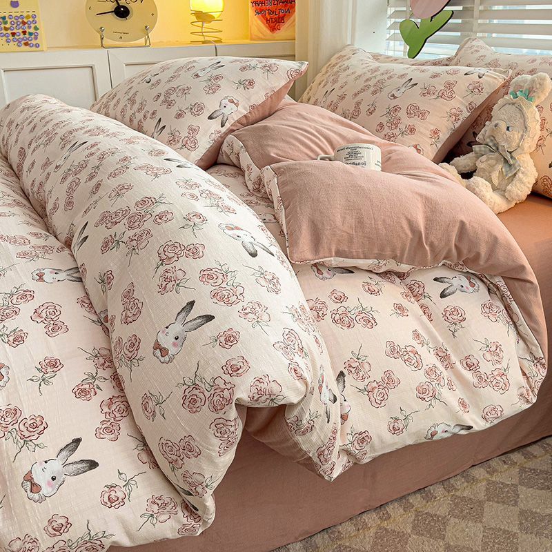 Class A small floral washed cotton quilt cover aerobic jacquard small Zhu cotton printed four-piece set student dormitory bed three-piece set