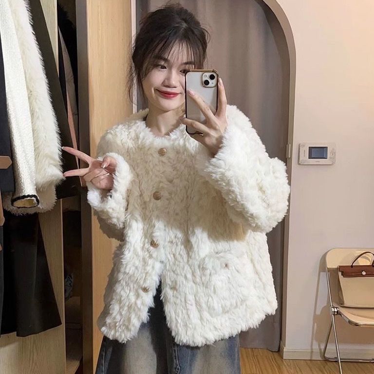 Xiaoxiangfeng Lamb Wool Jacket 2023 Autumn and Winter New Style Small Loose Thickened White Fur Top Cotton Clothes