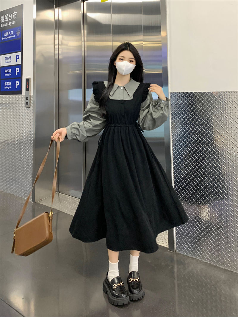 大碼秋冬新款女裝日系復古顯瘦學院風假兩件減齡長袖連衣裙