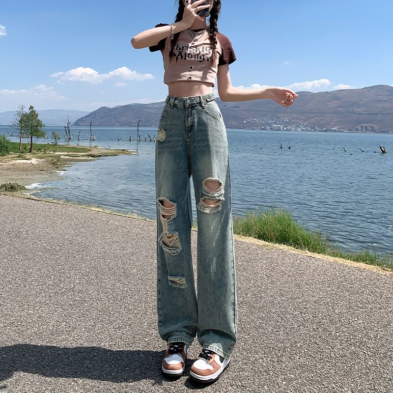 破洞牛仔褲女秋季薄款2023新款辣妹高腰顯瘦直筒寬鬆闊腿褲ins潮