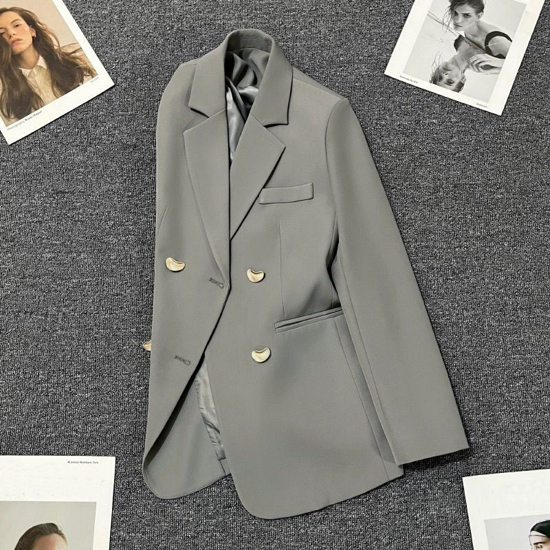 2023 new autumn and winter versatile and fashionable elegant gray small suit for women loose and trendy British style mid-length high-end