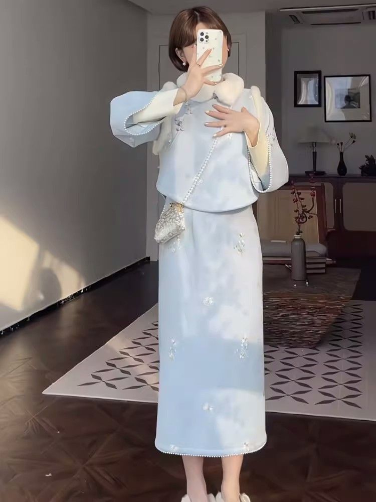 英俊芷悅套裝新中式冬季加絨加厚新款2023馬甲連衣裙兩件套國風女