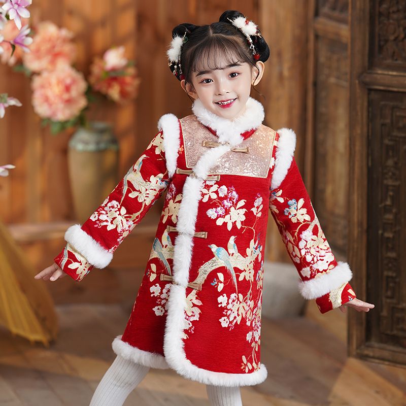 拜年服女童漢服冬季新款兒童唐裝中國風旗袍寶寶加厚冬過年連衣裙