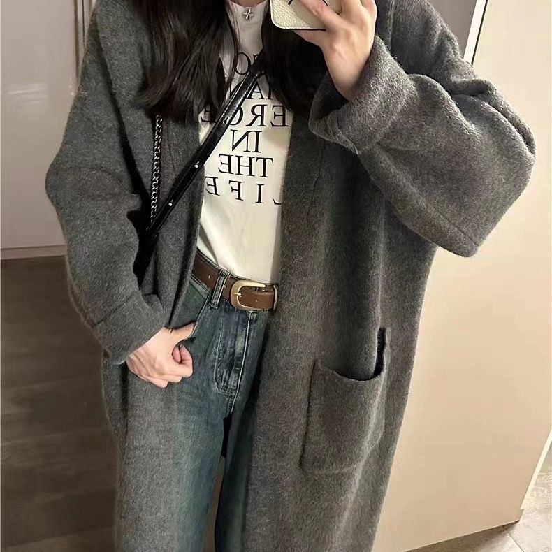 XJ家針織開衫外套女中長款2023秋冬新款慵懶風毛衣寬鬆外穿