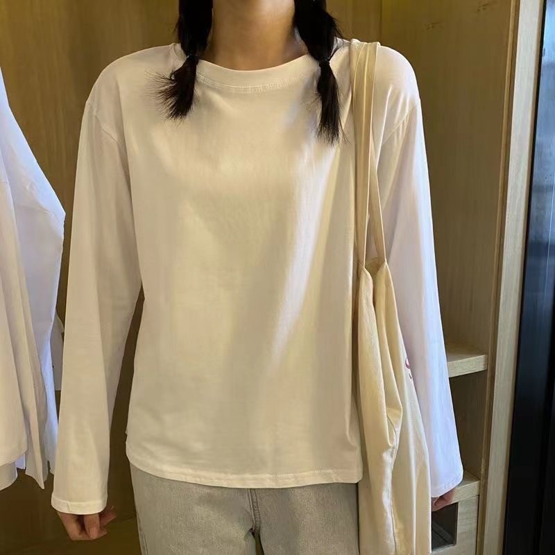 100%純棉長袖t恤女早秋春2023新款純色寬鬆時尚顯瘦百搭上衣女裝