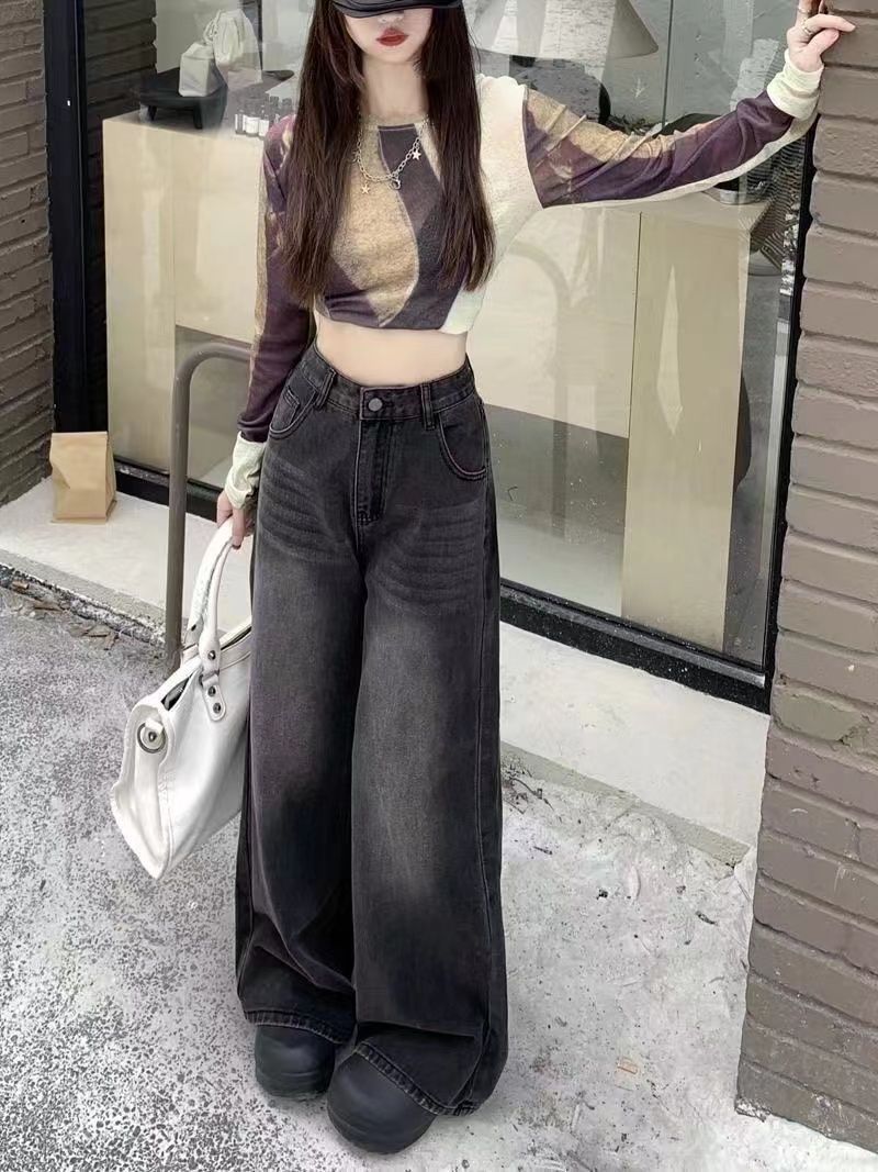 復古黑灰色直筒牛仔褲女秋季2023年新款高腰寬鬆闊腿褲子拖地長褲
