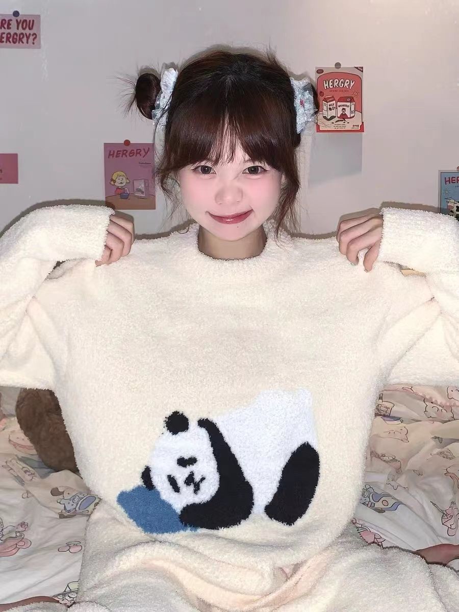 2023年新款半邊絨睡衣冬季女珊瑚絨熊貓甜美套裝加厚可外穿家居服