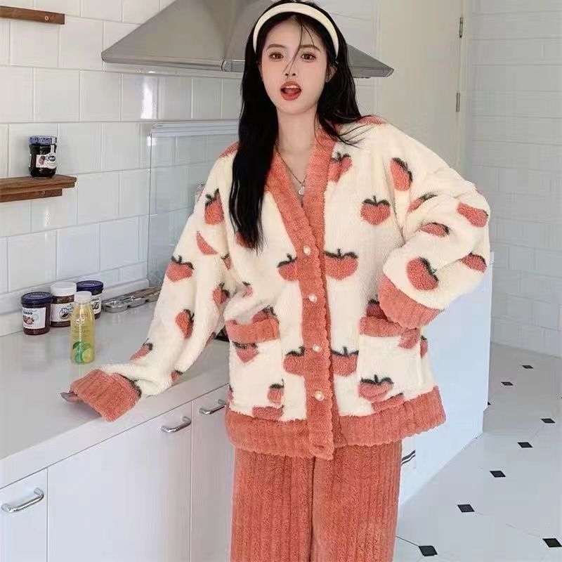 睡衣女冬季加絨加厚珊瑚絨2023新款春秋法蘭絨甜美保暖套裝家居服