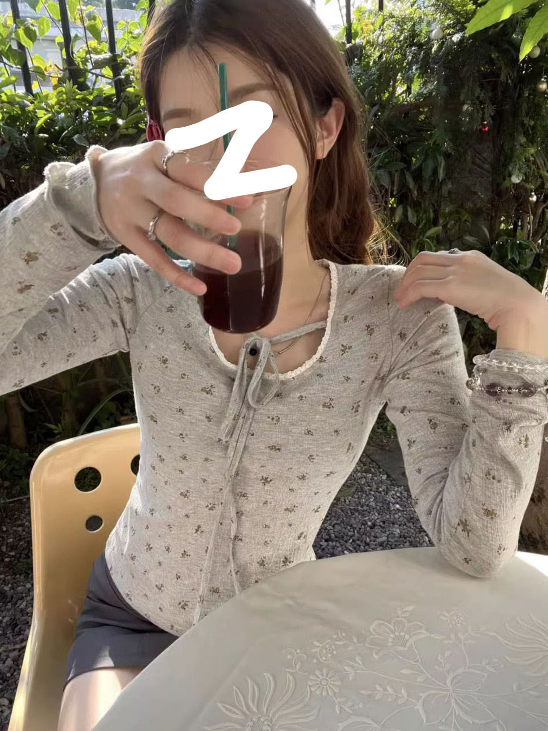 2023女裝春秋冬時尚甜美氛圍感少女BM風碎花T恤打底衫潮