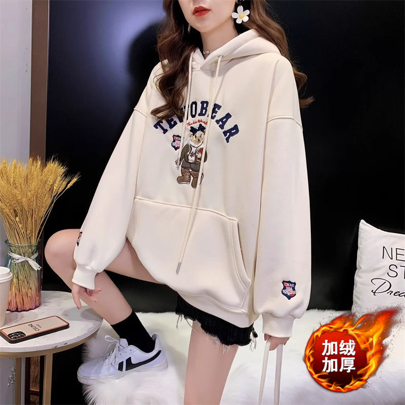 2023 new autumn and winter Korean style embroidered velvet thickened lazy style hooded loose sweatshirt women's top jacket trendy