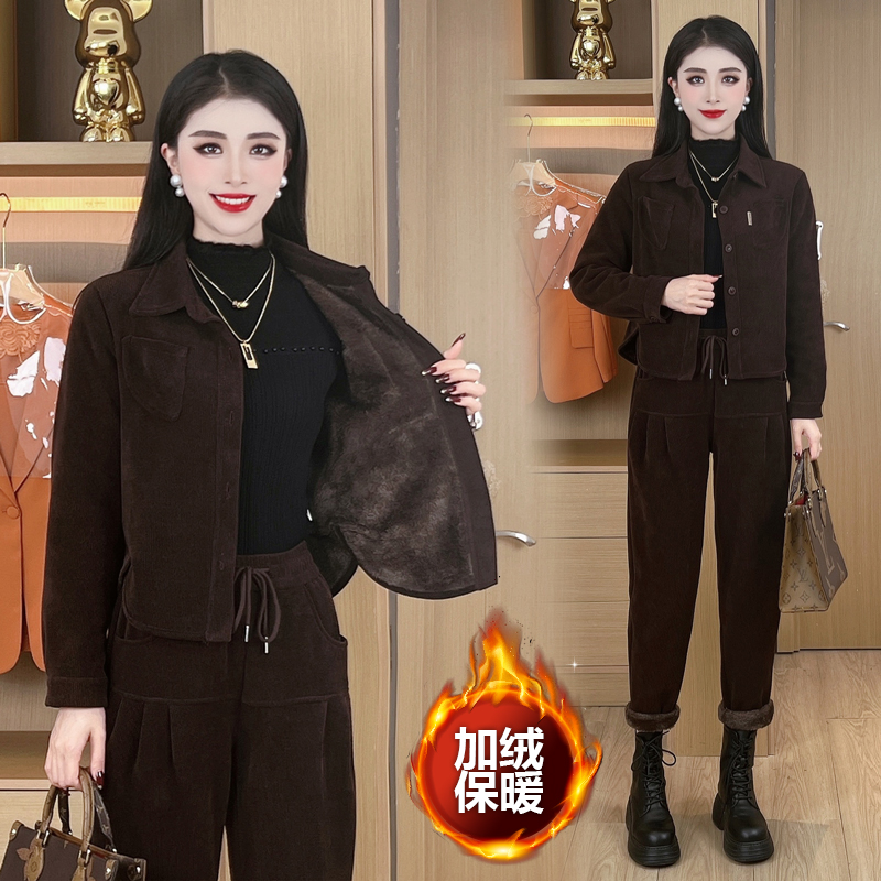 休閒時尚套裝女加絨加厚秋冬新款翻領顯瘦開衫外套哈倫褲兩件套潮