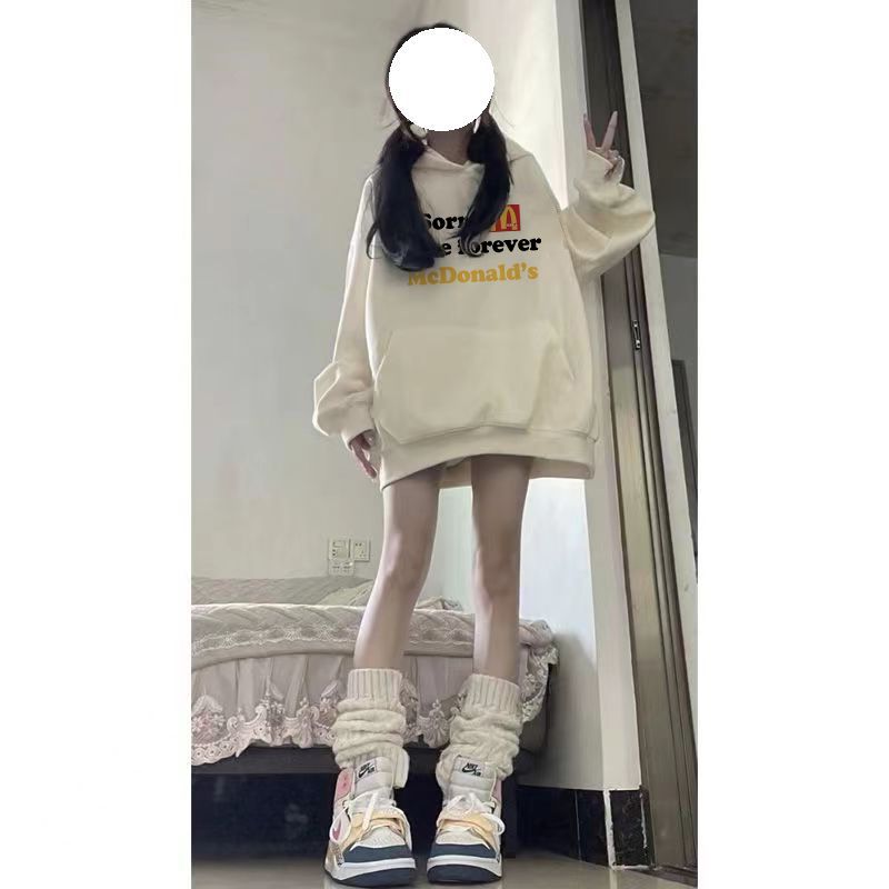 100%紡棉美式高街杏色連帽衛衣外套寬鬆休閒甜妹中長款小眾潮上衣